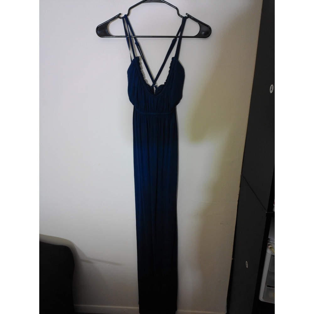 BCBGIRLS Maxi Dress Women Medium Navy Blue Empire Waist Ruffle Coastal Beachy